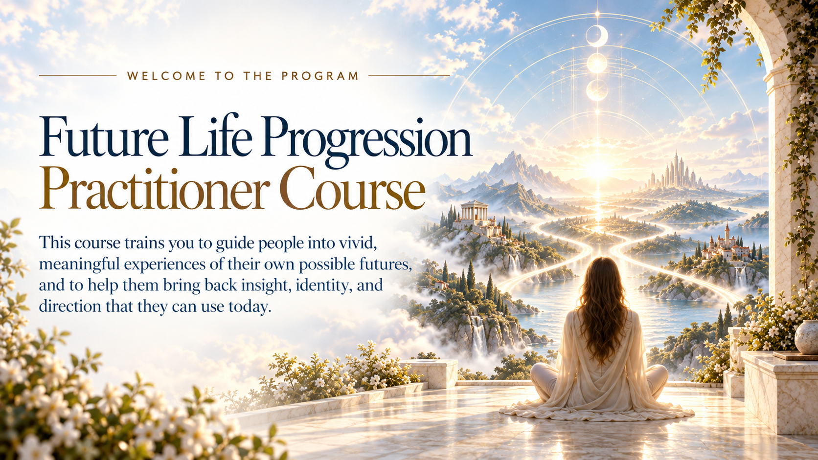 Future Life Progression Practitioner Course artwork showing a luminous path branching toward possible futures