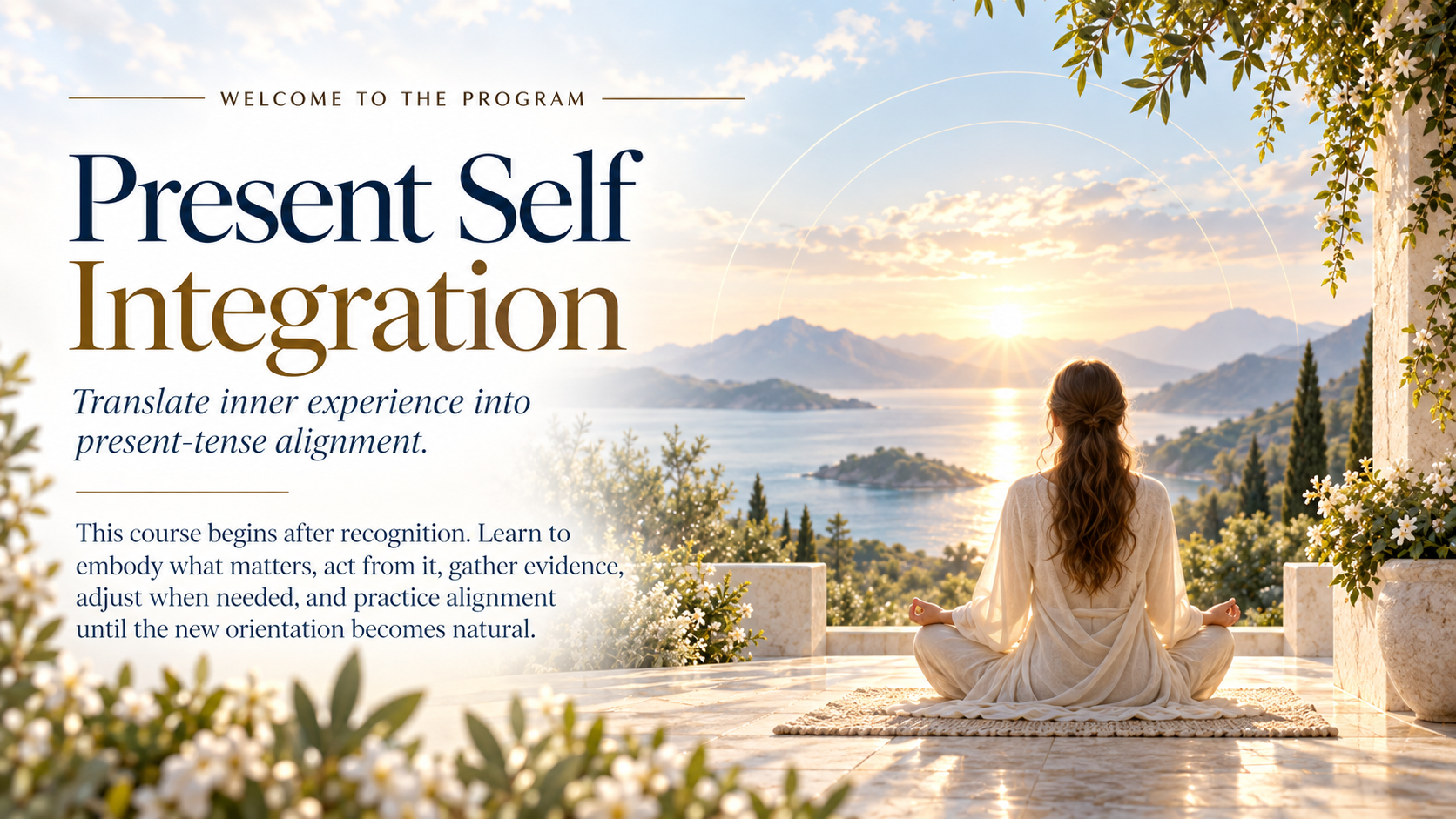 Present Self Integration Course artwork showing a person meditating by a luminous body of water at sunrise