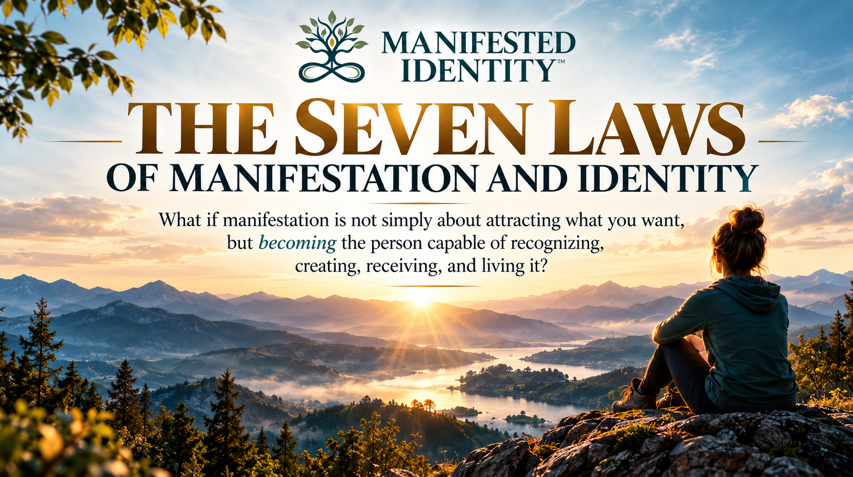 The Seven Laws of Manifestation and Identity cover: sunrise over a mountain lake with a person looking toward the horizon