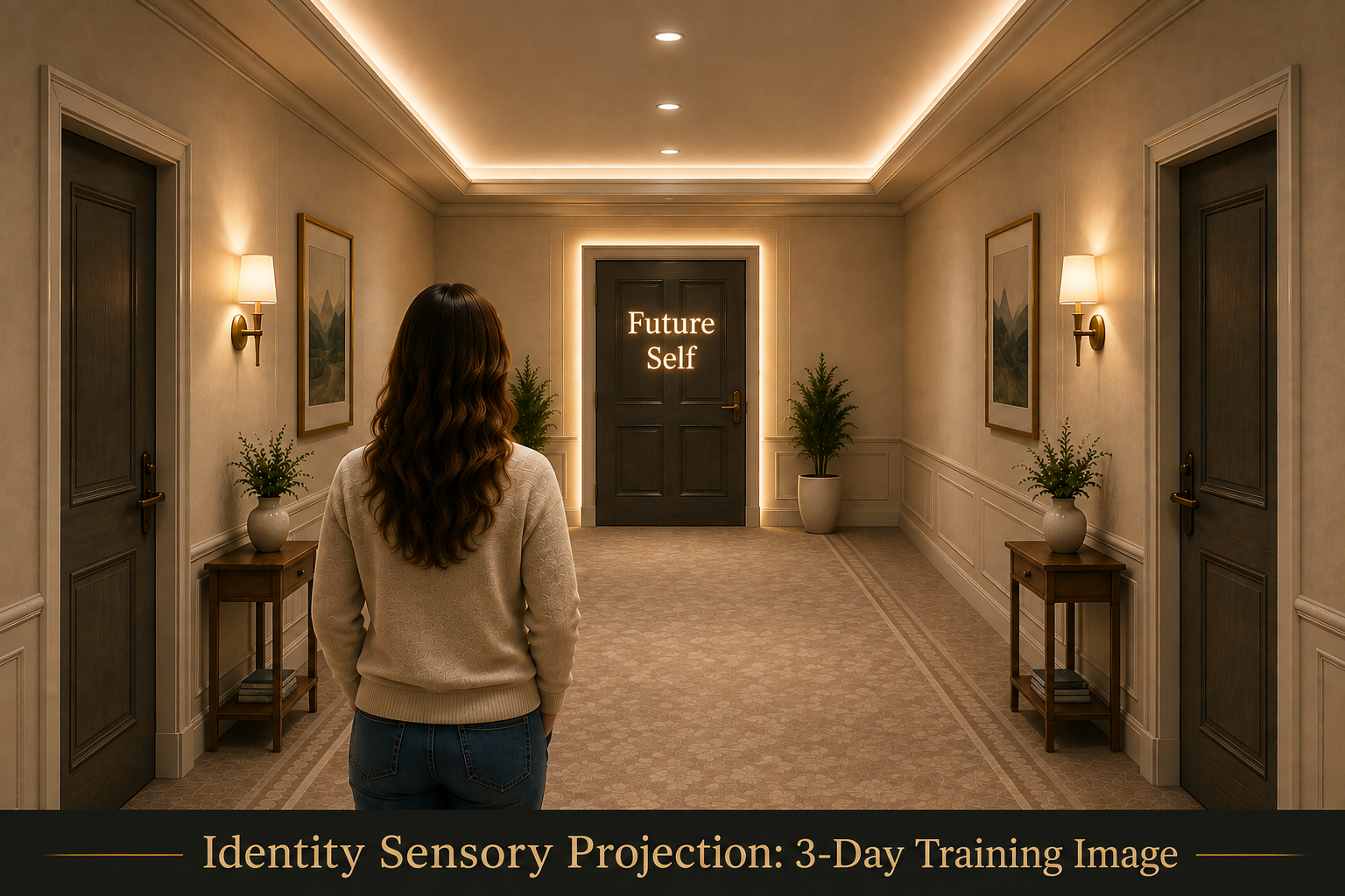 A person standing in a warm hallway facing a door marked Future Self — Identity Sensory Project 3 Day Training Image.