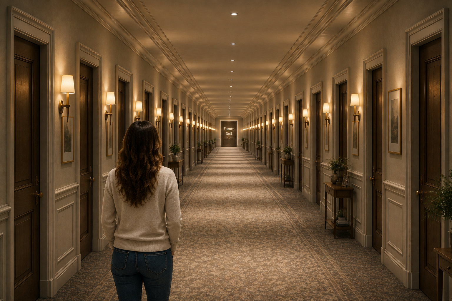 A person looking down a hallway of doors, focusing on the 'Future Self' door.