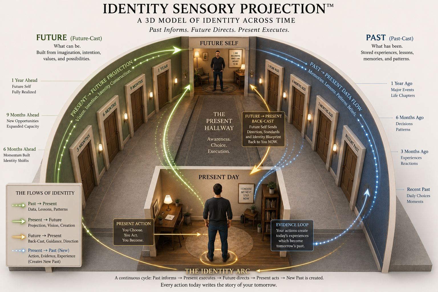 Diagram showing past, present, and future identity connected in a continuous arc.