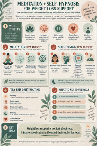 Meditation and Self-Hypnosis for Weight Loss Support infographic