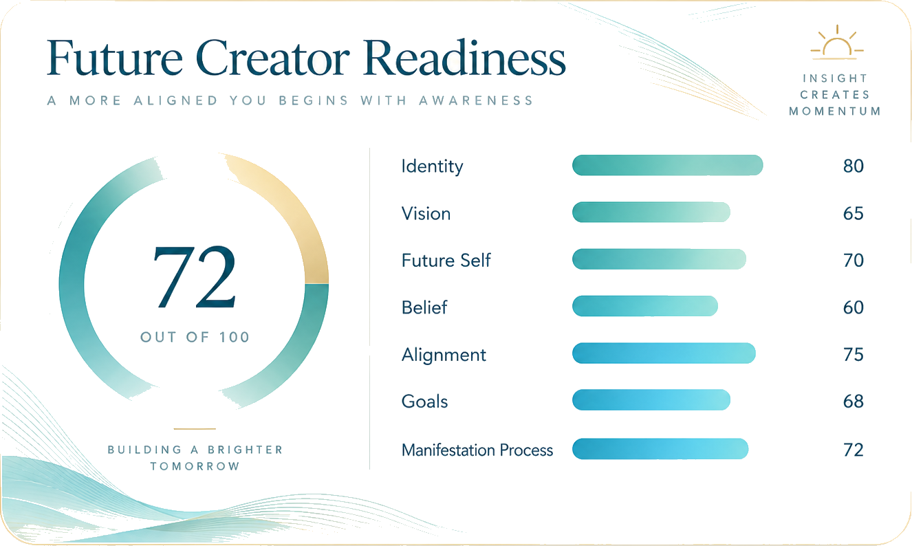 Future Creator Readiness score of 72 out of 100 across Identity, Vision, Future Self, Belief, Alignment, Goals, and Manifestation Process.