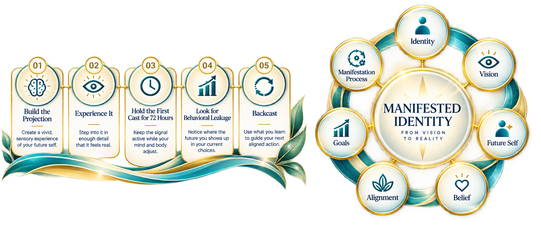 Five steps: Build the Projection, Experience It, Hold the First Cast for 72 Hours, Look for Behavioral Leakage, and Backcast. Manifested Identity — from vision to reality — connects Identity, Vision, Future Self, Belief, Alignment, Goals, and Manifestation Process.