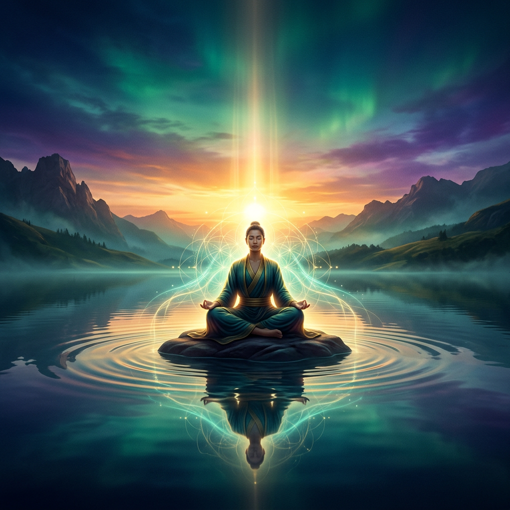 Meditating person above calm water at sunrise