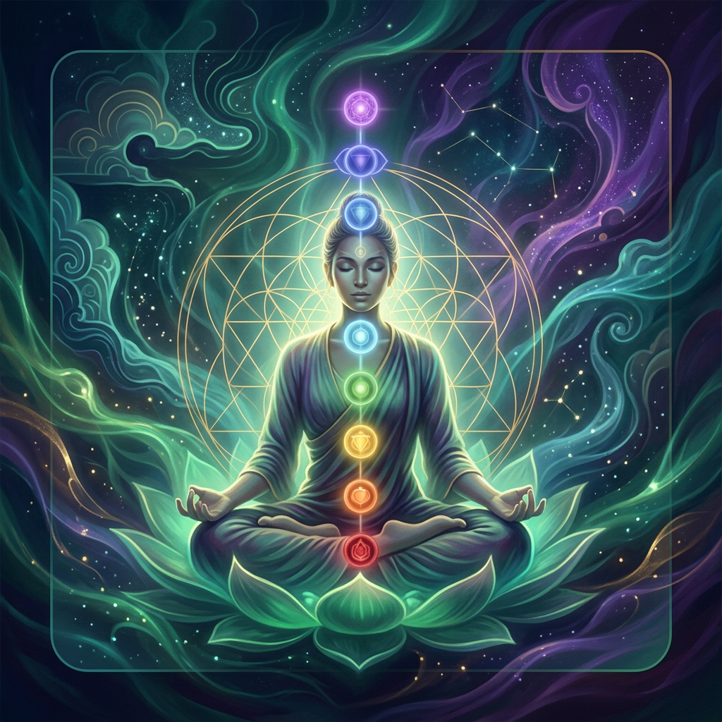 Lotus-seated figure with seven softly glowing chakra orbs