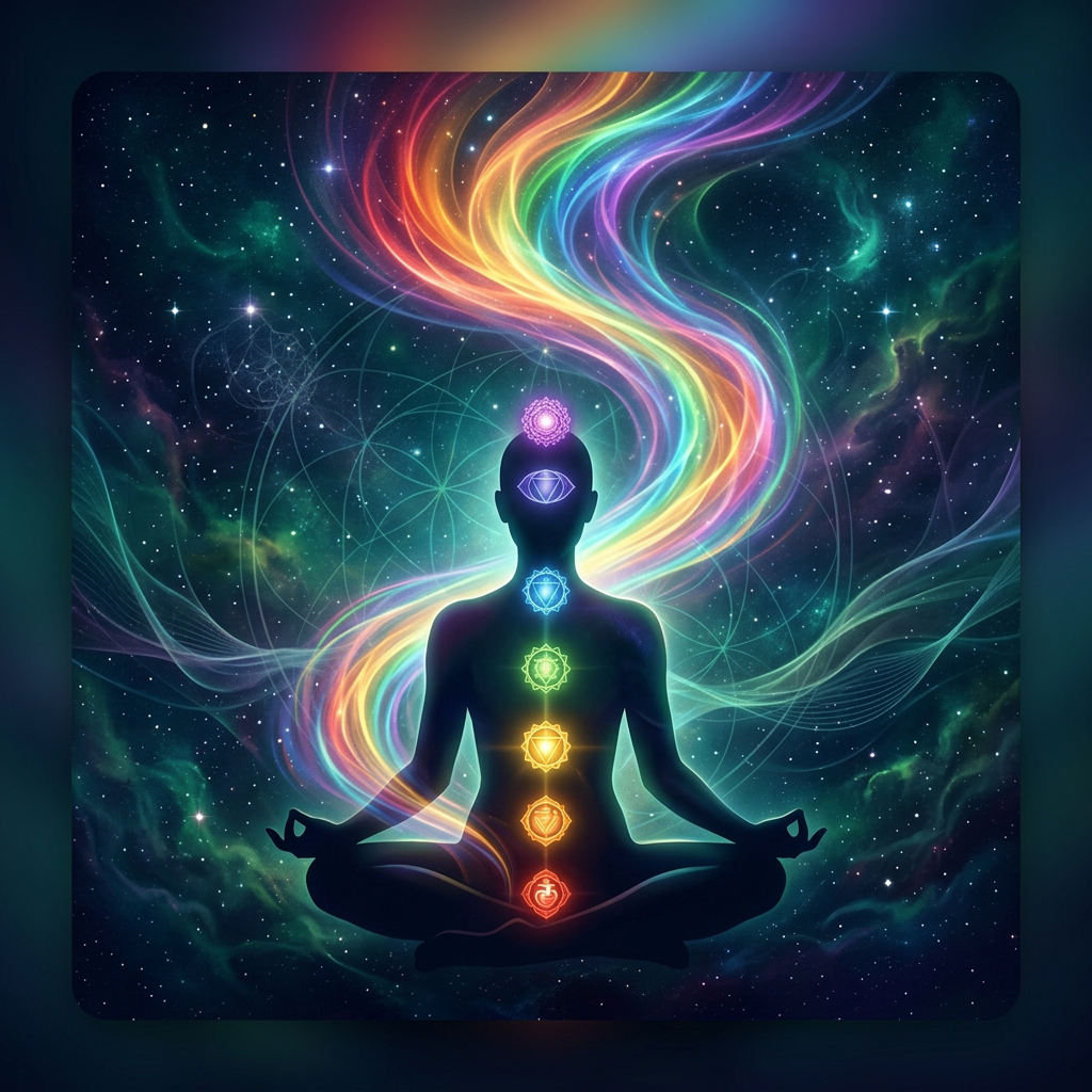 Meditating silhouette with seven luminous chakra points