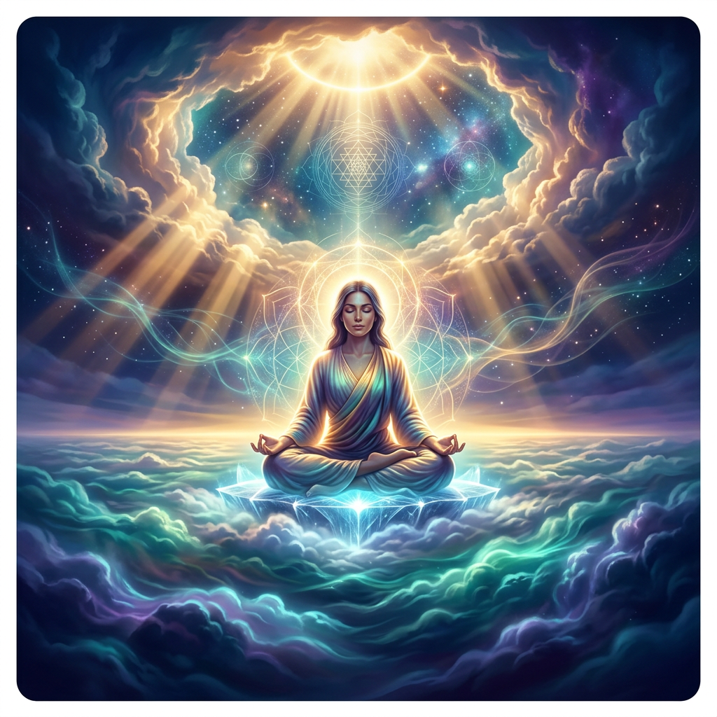 Meditating person beneath a luminous celestial sky