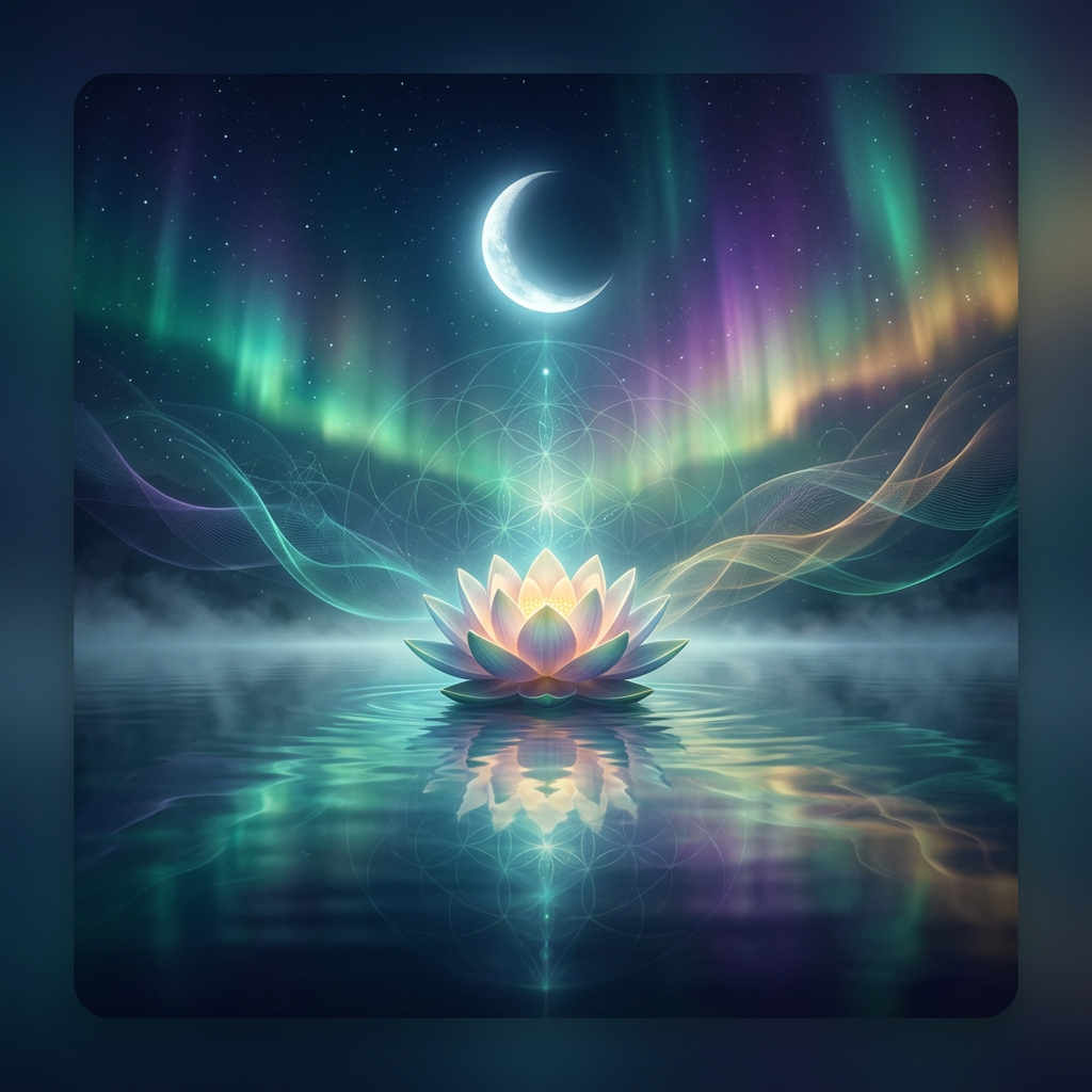 Moonlit lake with a lotus, mist, and subtle aurora