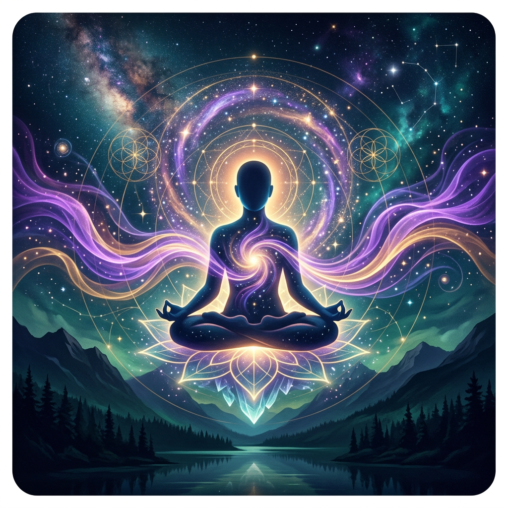 Meditating figure surrounded by violet and gold energy waves