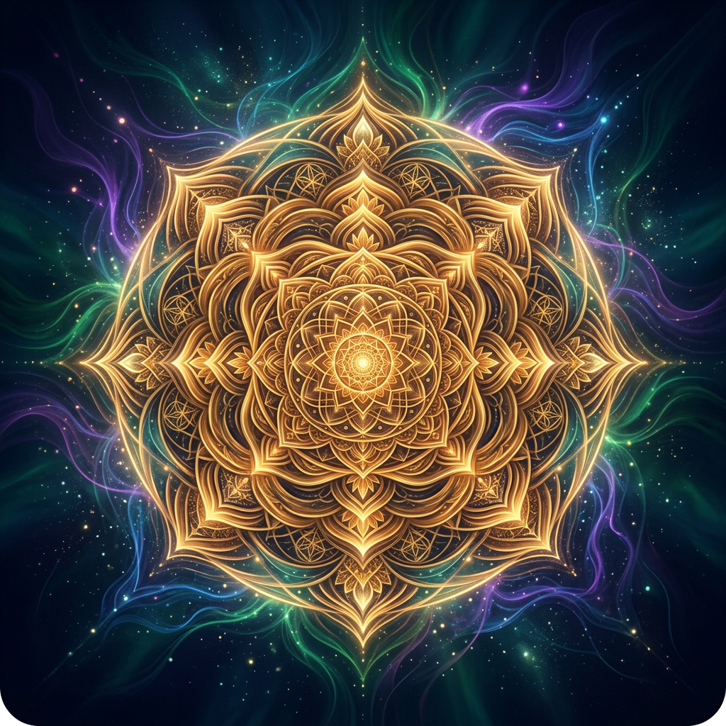 Radiant golden mandala with harmonious concentric waves
