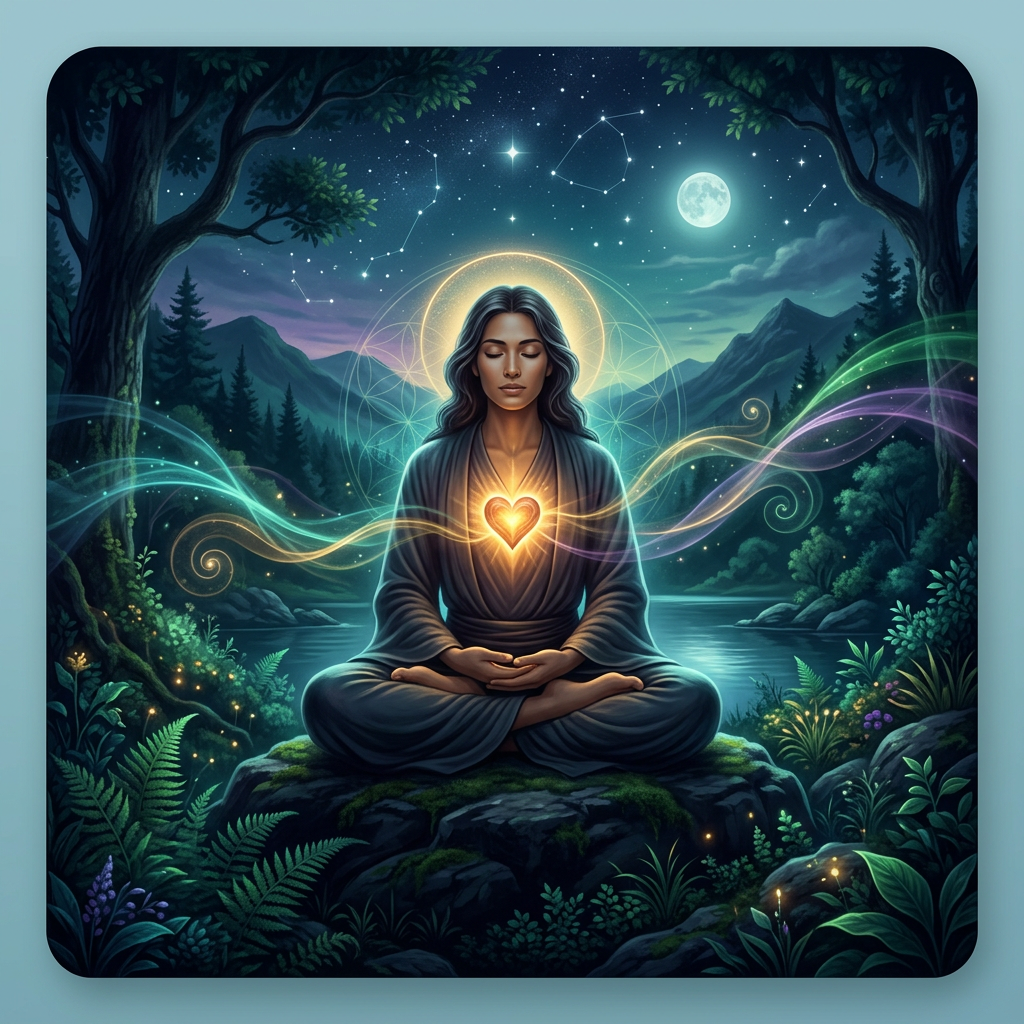 Meditating figure illuminated by a warm inner light