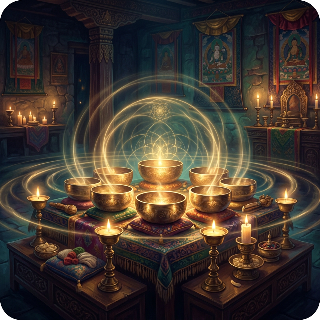 Golden Tibetan singing bowls in a candlelit temple