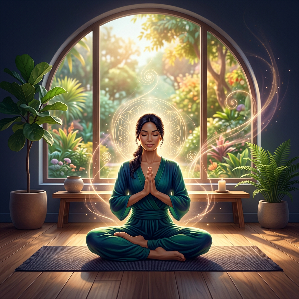 Peaceful yoga room filled with plants and midday light