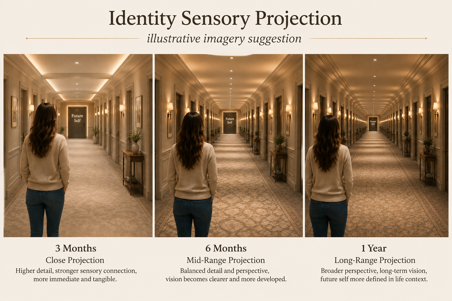 Three hallway scenes showing close, mid-range, and long-range future projections.