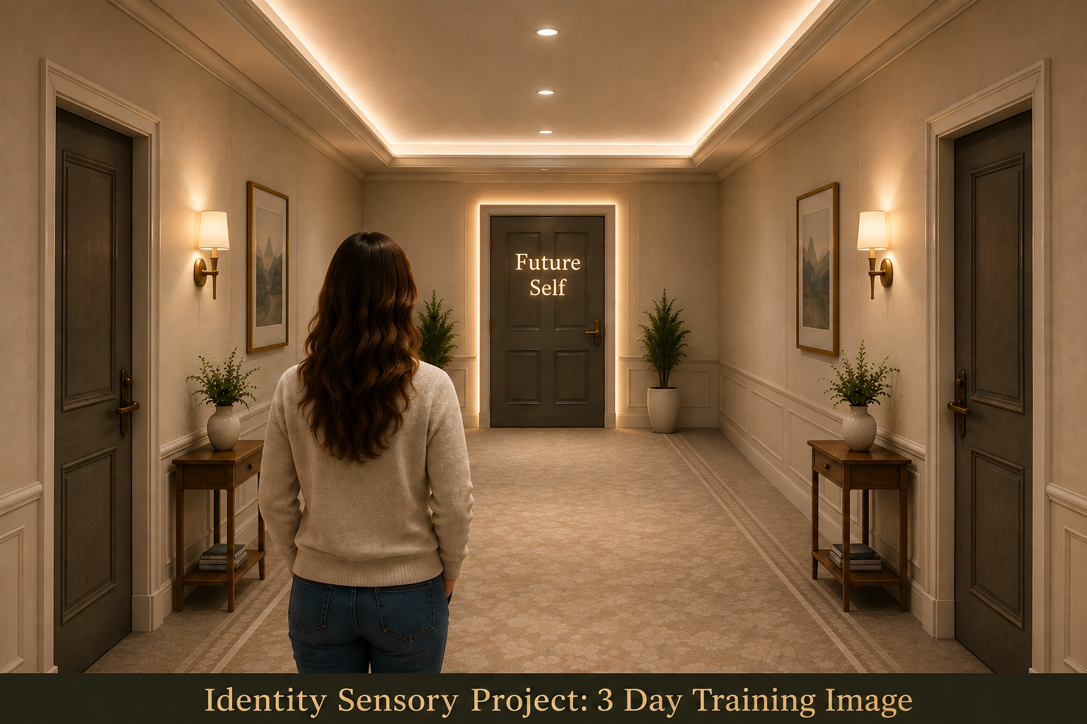 A person facing a Future Self door at the end of a warmly lit hallway.
